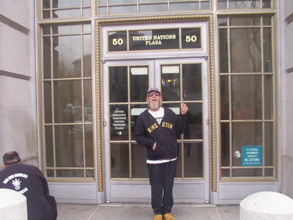 EC Daniel Jeffrey posing at entrance of UN PLAZA Office building during Medical MJ Rally October 25, 2005