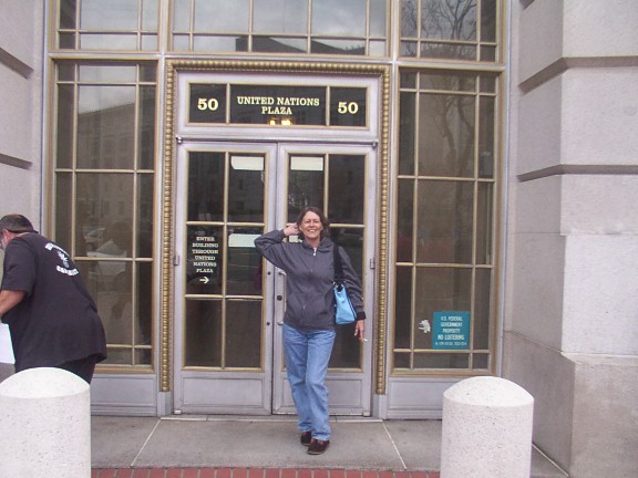 EC Mary Quaintance of the Church of Cognizance posing at entrance of UN PLAZA Office building during Medical MJ Rally October 25, 2005